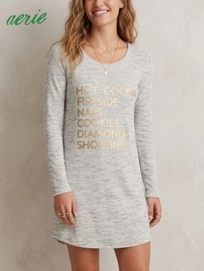 Sz M Aerie Women Waffle Knit Sleep Shirt Heathered Grey Thermal Gold Foil Print